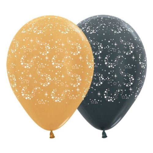 30cm Sparkling Stars Metallic Gold & Graphite Latex Balloons 25 Pack