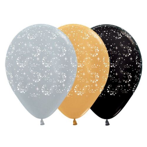 30cm Sparkling Stars Metallic Silver, Gold & Metallic Latex Balloons 25 Pack