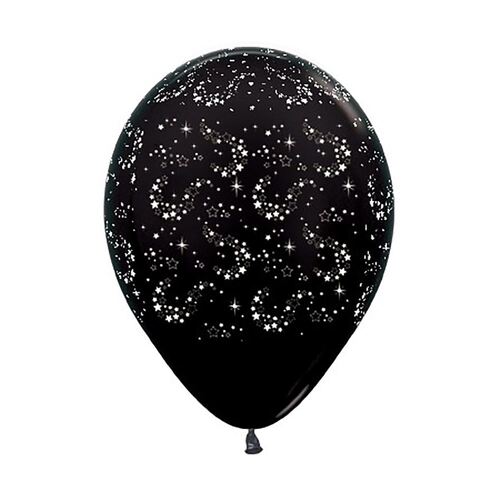 30cm Sempertex Sparkling Stars Metallic Black Latex Balloons 6 Pack