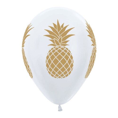 Sempertex 30cm Tropical Pineapple Satin Pearl White & Gold Ink Latex Balloons 25 Pack