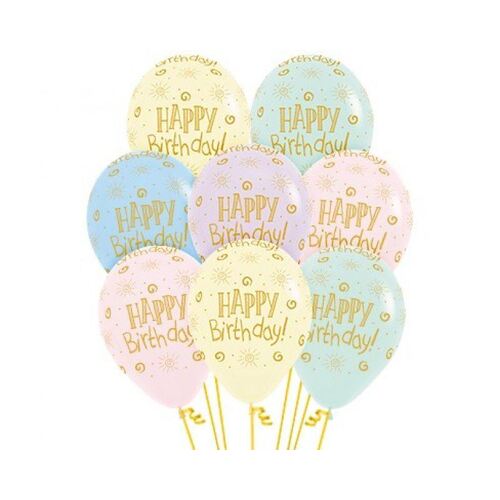30cm Happy Birthday Sunshine on Pastel Matte Assorted Latex Balloons 12 Pack