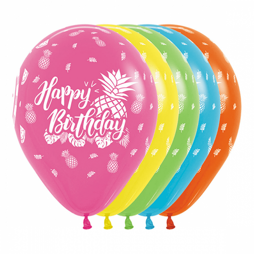 30cm Happy Birthday Tropical Fashion Assorted Latex Balloons 12 Pack