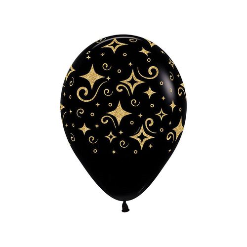 30cm Sempertex Golden Diamonds Fashion Black with Glitter Ink Latex Balloons 12 Pack