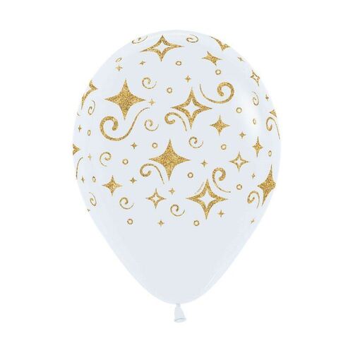 Sempertex 30cm Golden Diamonds Fashion White with Glitter Ink Latex Balloons 12 Pack