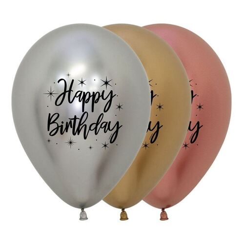30cm Happy Birthday Radiant Metallic Reflex Deluxe Assorted Latex Balloons 12 Pack