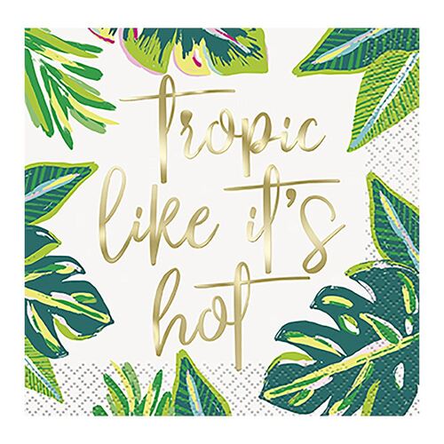 Tropical Leaves Foil Stamped "Tropic Like It's Hot" Beverage Napkins 2ply 20 Pack