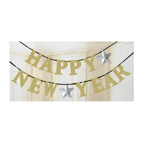 Happy New Year & Stars Silver & Gold Glittered Ribbon Banner