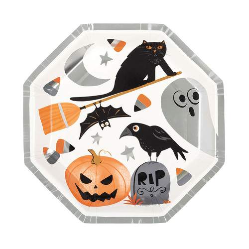 Bats & Boos Halloween Foil Stamped Octagonal Paper Plates 23cm 8 Pack