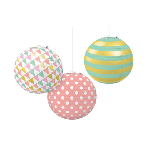 Pastel Round Paper Lanterns Foil Hot Stamped 3 Pack