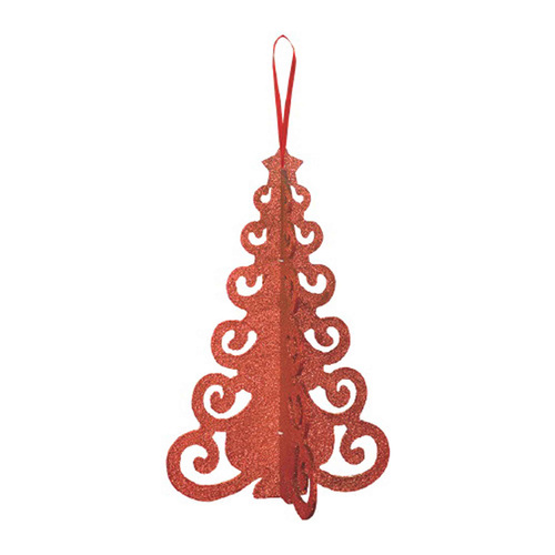 Christmas Tree Filigree 3D Decoration Red MDF Glittered