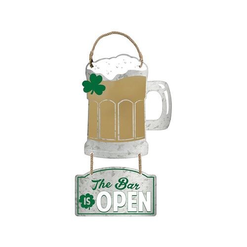 St Patrick's Day The Bar is OPEN & Beer Mug Hanging Metal Sign