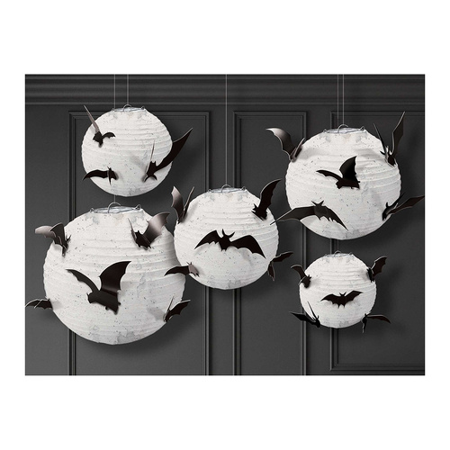 Halloween Classic Black & White Paper Lanterns with Bat Add Ons 5 Pack