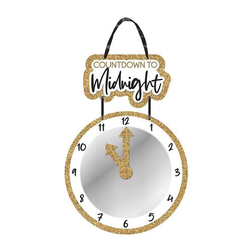 Countdown to Midnight Mirror Clock MDF Gold Glittered Hanging Sign