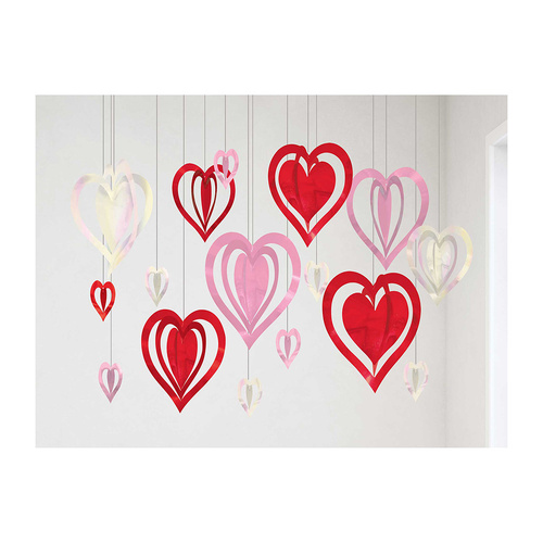 Hearts 3D Hanging String Decorations 16 Pack