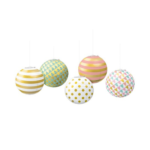 Pastel Mini Paper Lanterns with Metal Frames Foil Hot Stamped 5 Pack