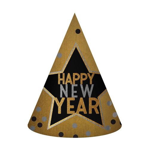 Happy New Year Star Gold, Black & Silver Cone Shaped Hat Foil
