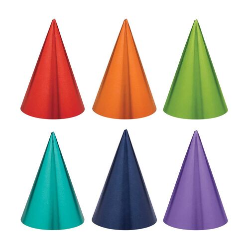 Party Cone Hats Foil Rainbow Colours 12 Pack