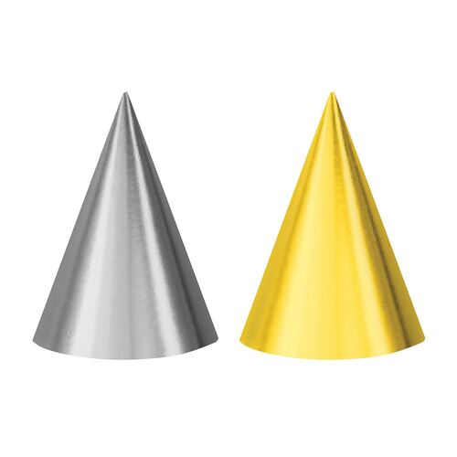 Party Cone Hats Foil Silver & Gold 12 Pack