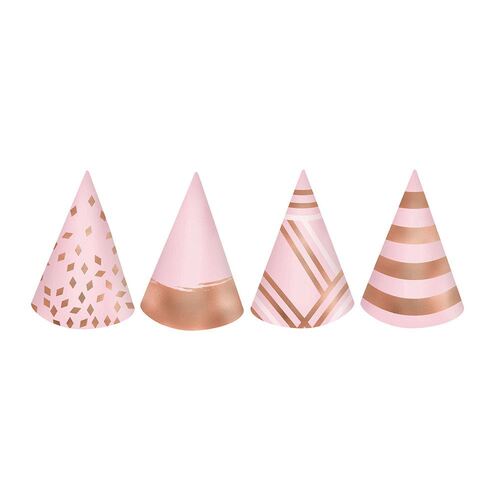 Blush Birthday Mini Cone Hats Cardboard & Foil 12 Pack