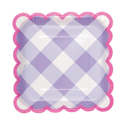 Pastel Gingham Purple Scalloped Edge Square Paper Plates 18cm 8 Pack