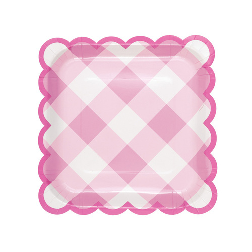 Pastel Gingham Pink Scalloped Edge Square Paper Plates 23cm 8 Pack