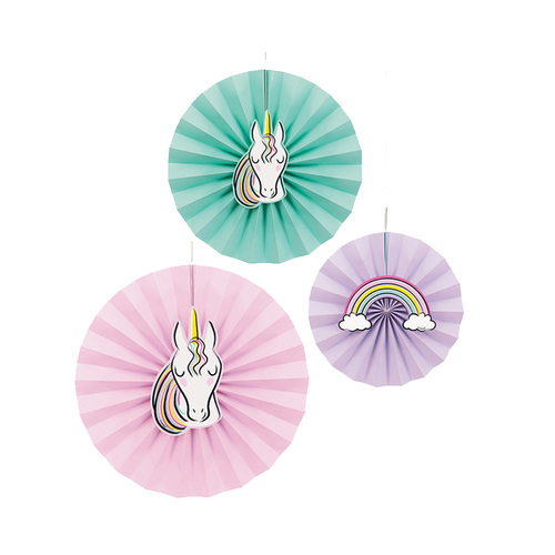 Paper Fan Decorations With Unicorn Decals Assorted 3 Pack