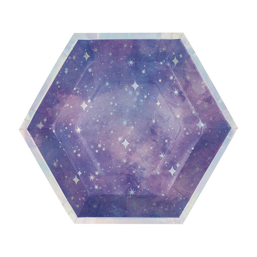 Purple Galaxy Foil Stamped Hexagon Shaped Paper Plates 23cm 8 Pack