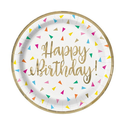 Bright Triangle Birthday Foil Stamped Paper Plates 23cm 8 Pack