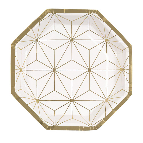Modern Gold Geometric Foil Stamped Octagonal Paper Plates 23cm 8 Pack