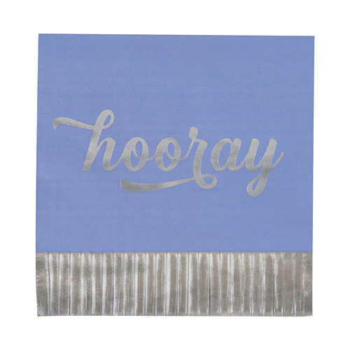 Purple "Hooray" Silver & Bright Fringe Foil Stamped Luncheon Napkins 2ply 16 Pack