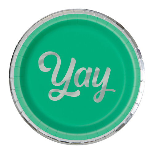 Green "Yay" Silver & Bright Foil Stamped Paper Plates 18cm 8 Pack
