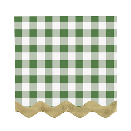 Garden Party Plaid Gold Foil Stamped Scalloped Edge Beverage Napkins 2ply 16 Pack