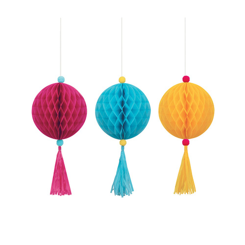 Honeycomb Ball Decorations With Tassel Assorted Colours 3 Pack