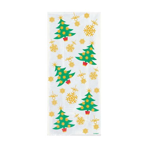 Golden Christmas Printed Cello Bags 28cm X 13cm 20 Pack