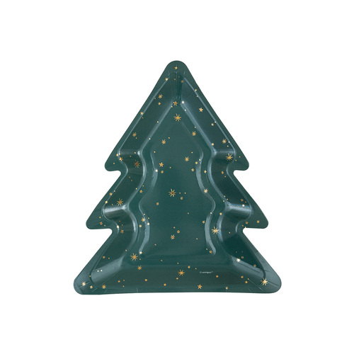 Modern Christmas Tree Foil Stamped Tree Shaped Paper Plates 21cm 8 Pack