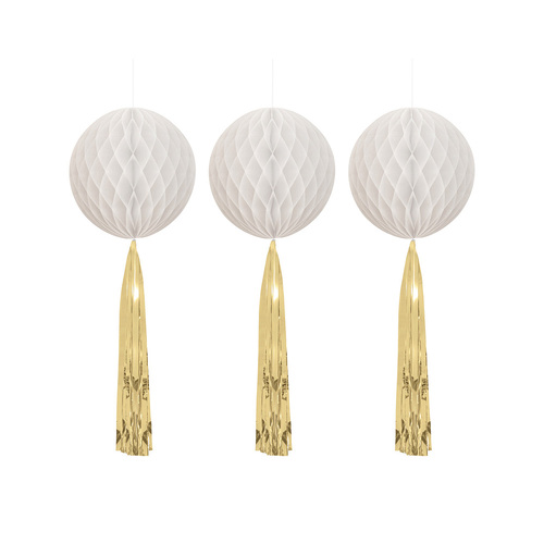 Honeycomb Balls Bright White With Gold Foil Tassel Tails 3 Pack