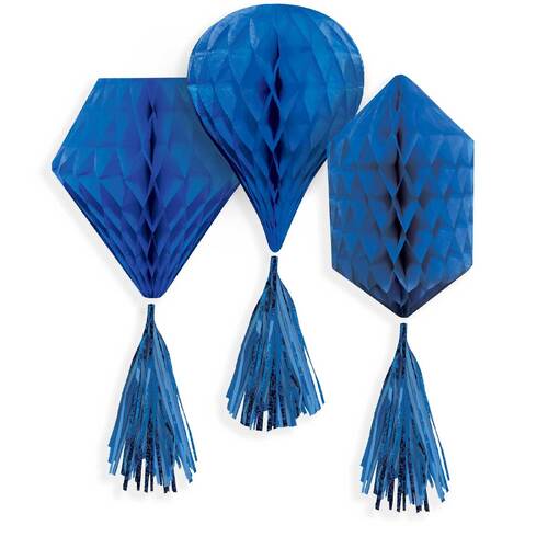 Mini Honeycomb Hanging Decorations Royal Blue 3 Pack