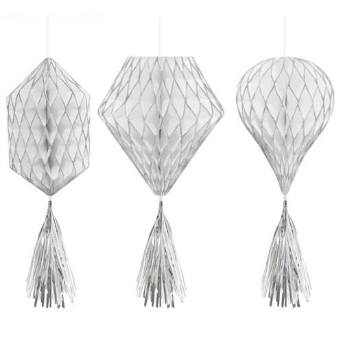 Mini Honeycomb Hanging Decorations Silver & White 3 Pack