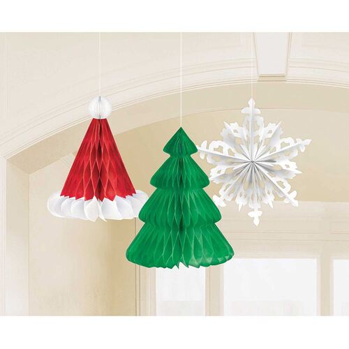 Christmas Tree, Hat & Snowflake Honeycomb Hanging Decorations