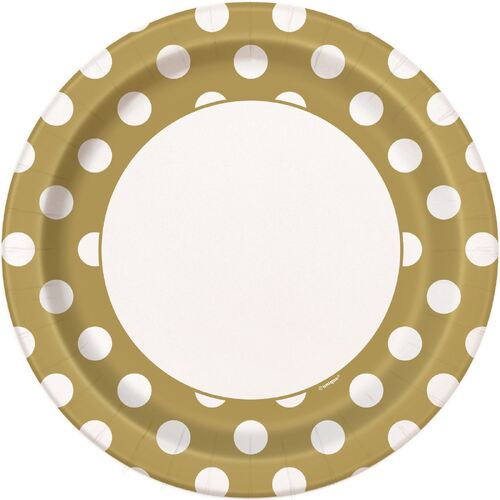 Dots Gold Paper Plates 22cm 8 Pack