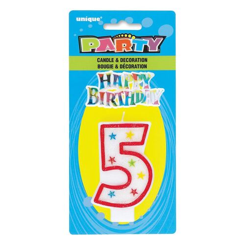 Number Candle With Happy Birthday Cake Topper - 5