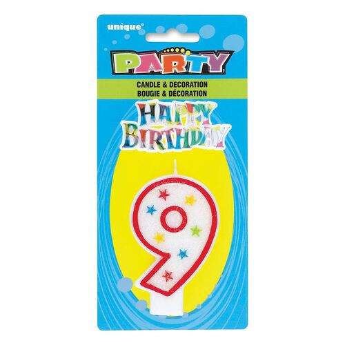 Number Candle With Happy Birthday Cake Topper - 9