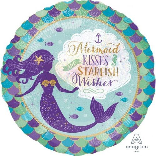 45cm Standard Holographic Mermaid Wishes & Kisses Foil Balloon