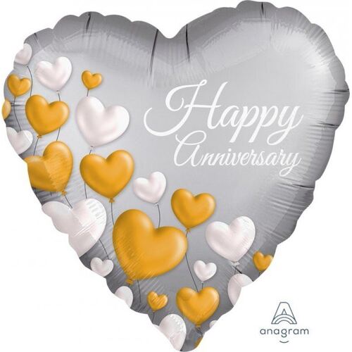 45cm Standard Satin XL Anniversary Platinum Hearts Foil Balloon