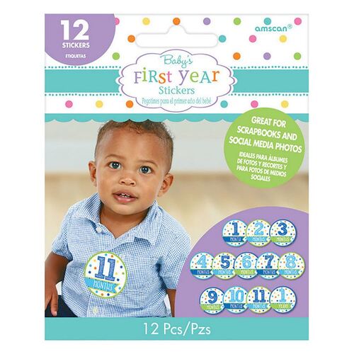 Baby Shower Stickers Month by Month Boy 12 Pack