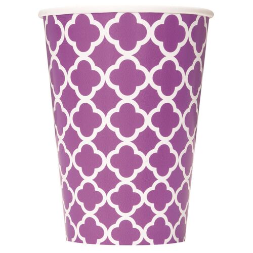 Quatrefoil Pretty Purple Paper Cups 355ml 6 Pack