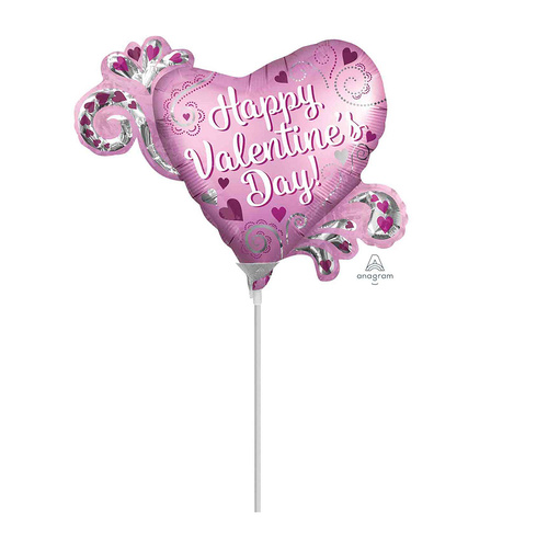 Mini Shape Satin Happy Valentine's Day Heart & Swirls Foil Balloon
