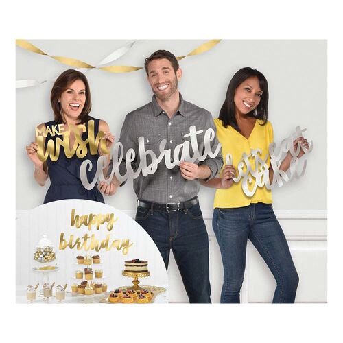 Happy Birthday Themed Foil Cutout Photo Props Silver & Gold 5 Pack