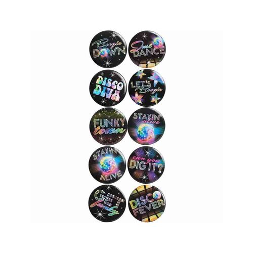 Disco Fever Button Badges Assorted Designs 10 Pack