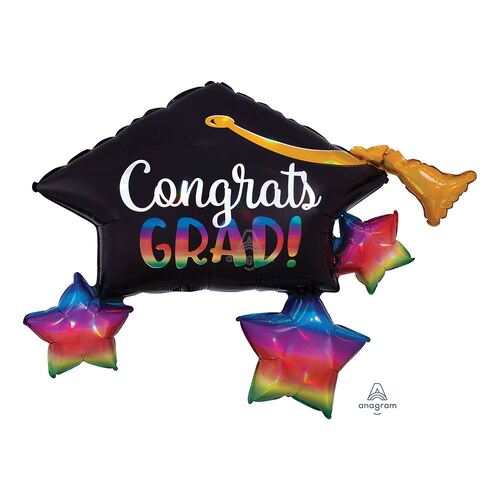 SuperShape Holographic Iridescent Congrats Grad Cap & Stars Foil Balloon